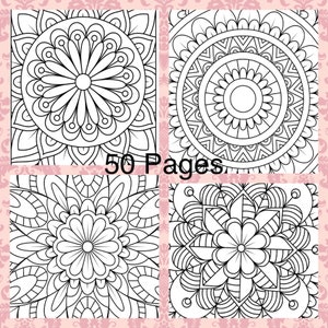 May include: A coloring book with four black and white mandala designs. The book has 50 pages.