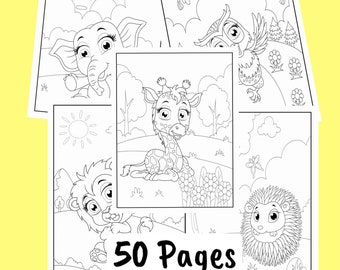 Jungle Animals Coloring Pages - Zoo Animal Art Printable Coloring - Kids Fun Activity - Digital Download