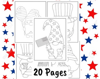 Fourth of July Independence Day Gnomes Coloring Pages for Children-anime art-kids holiday fun activities-digital art-print coloring pages