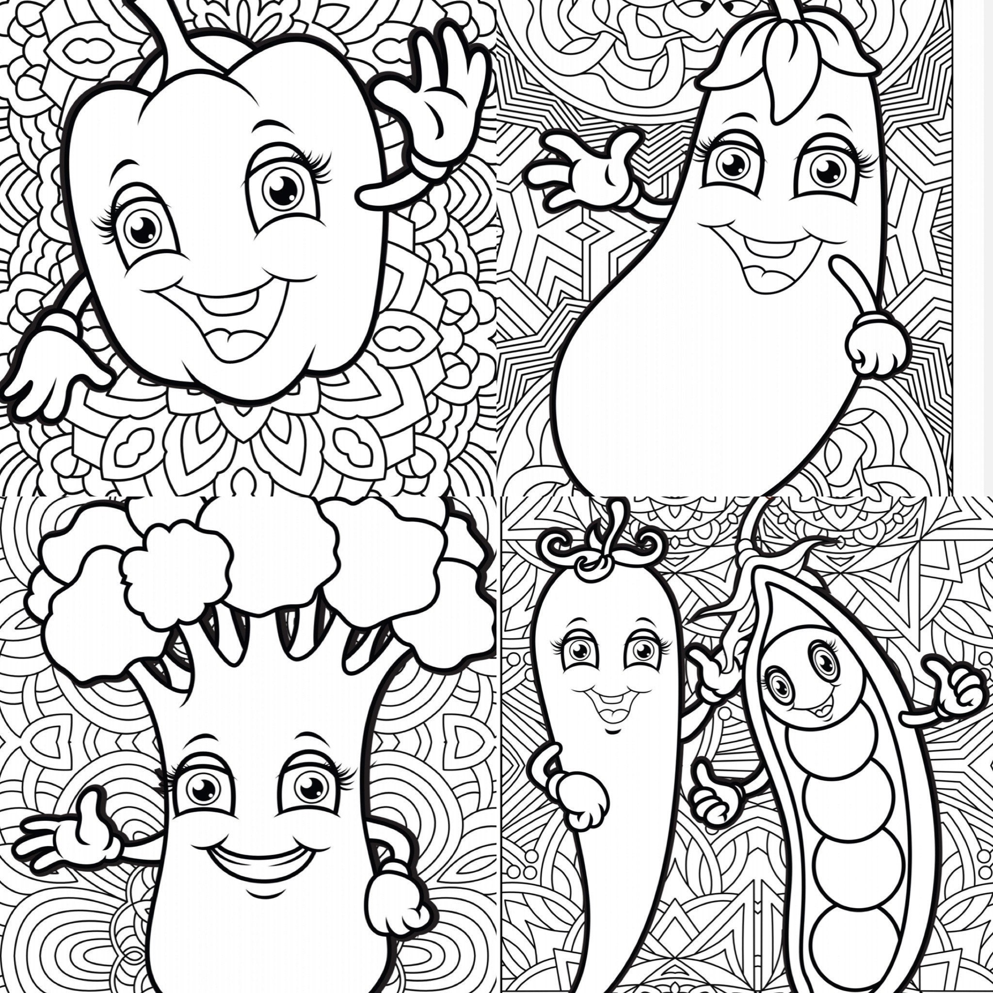 Zentangle kawaii Vegetables printable coloring pages-kawaii | Etsy