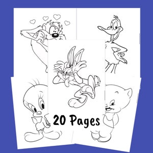 May include: Black and white coloring book pages featuring characters from the Looney Tunes cartoon series. The characters include Bugs Bunny, Tweety Bird, Sylvester the Cat, Porky Pig, and Daffy Duck. The book has 20 pages.