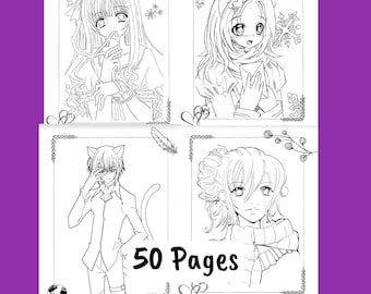 Anime 50 printable coloring pages-anime art-teen-adult coloring pages-digital download-