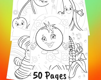 Kawaii Fruits And Veggies Printable Coloring Pages - Anime Food Coloring Sheets - Kids Coloring Pages - Digital Download