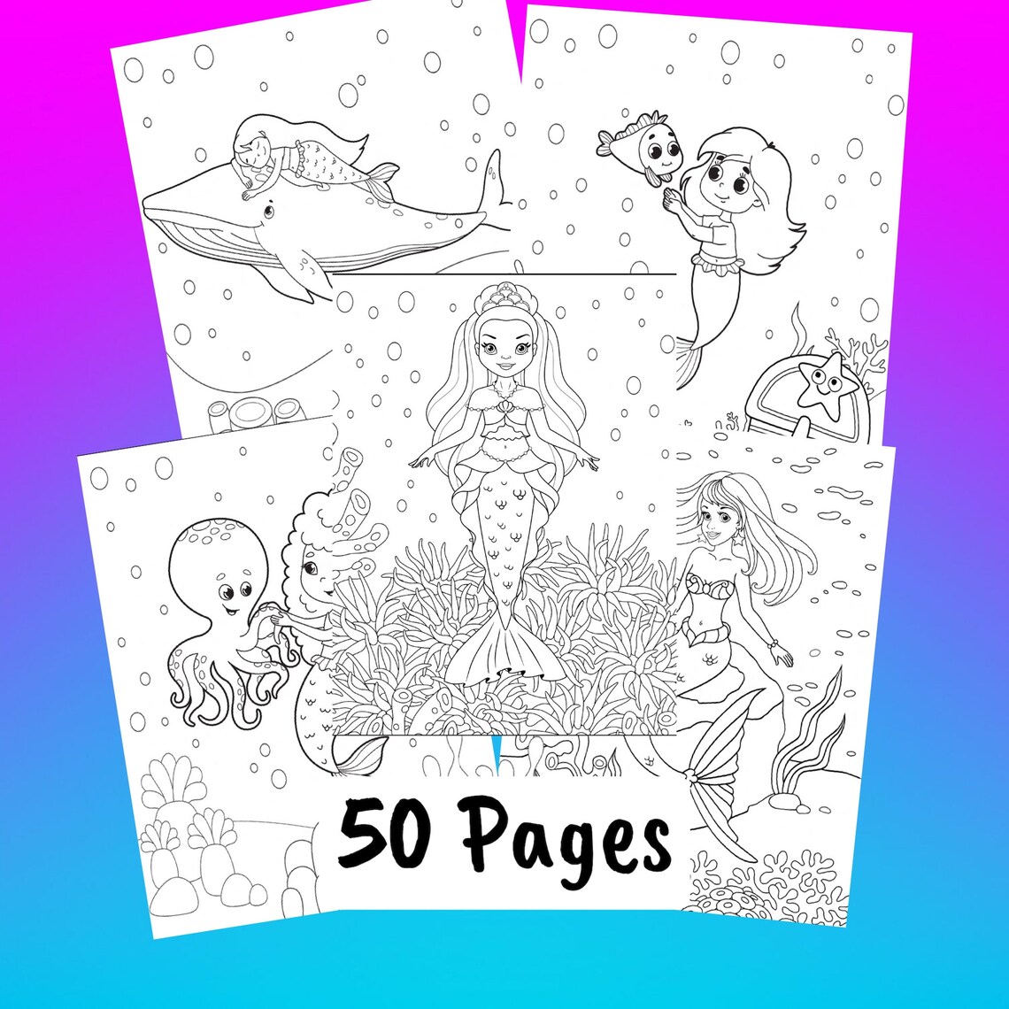 Little Mermaid Family Coloring Pages Cute Mermaid Princess - Etsy