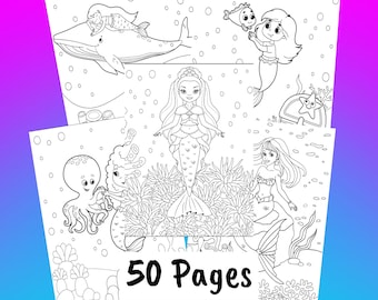 Little Mermaid Family Coloring Pages - Cute Mermaid Princess Printable Coloring - Anime Art - Instant Download