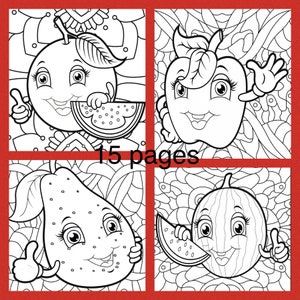 Zentangle kawaii fruit printable coloring pages-instant download-kawaii fruit coloring pages-