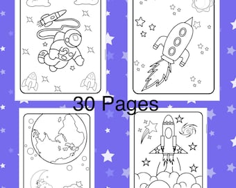 May include: A set of 30 coloring pages featuring space-themed illustrations. The pages include images of astronauts, rockets, planets, and stars. The pages are black and white and ready to be colored.