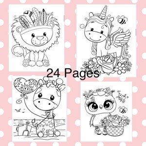 May include: A coloring book with 24 pages featuring black and white illustrations of a lion wearing a headdress, a unicorn with a flower crown, a giraffe holding a heart-shaped balloon, and an owl with a flower crown and a basket of flowers.
