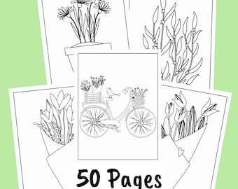 Flower Line Art Coloring Pages - Flower Artwork Kids Printable Coloring - Fun Activity - Digital Download