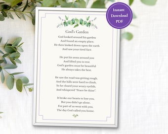 God's Garden Poem For Memorials & Funerals, Christian Memorial Printable, Funeral Poem Printable, Celebration of Life, Program Insert