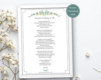 Funeral Poem Printable, Death Is Nothing At All, Memorial Table Sign, Celebration of Life Program, Henry Scott Holland Poem, Poster, Service