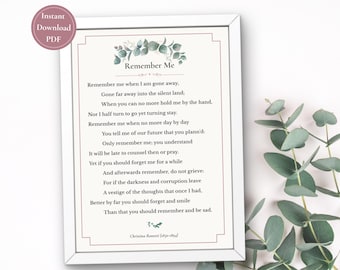 Funeral Poem Printable, Remember Me Poem Christina Rossetti, Memorial Poem Download, Celebration of Life Ideas, Funeral Program Insert