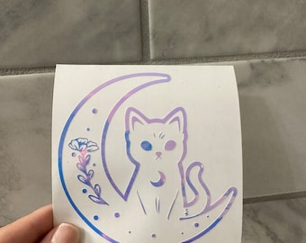 Moon Cat Holographic Vinyl, Holographic Moon Cat Decal, Anime Moon Cat Car Decals, Kawaii Moon Cat Car Vinyl, Kawaii Anime Laptop Decal