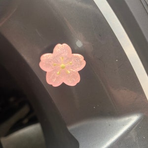 May include: A pink sparkly flower-shaped car tire valve stem cap.