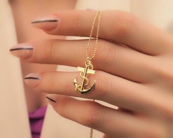 ELBLUVF 18k Silver Gold Rose Gold Plated Stainless Steel Women Sideways Anchor Pendant Necklace 18inches Choose Colors 
