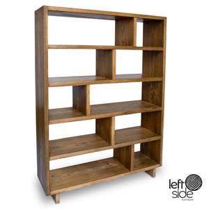 Solid Wood Bookcase Display Shelves, Low Shelving Unit with Staggered Shelves, Three Four or Five Storage Shelves.