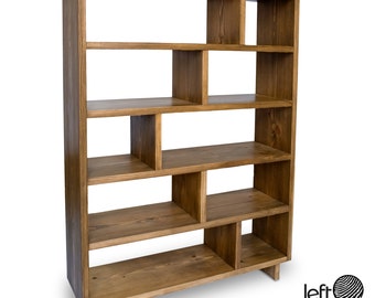 Solid Wood Bookcase Display Shelves, Low Shelving Unit with Staggered Shelves, Three Four or Five Storage Shelves.