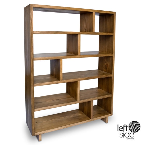 Solid Wood Bookcase Display Shelves, Low Shelving Unit with Staggered Shelves, Three Four or Five Storage Shelves.