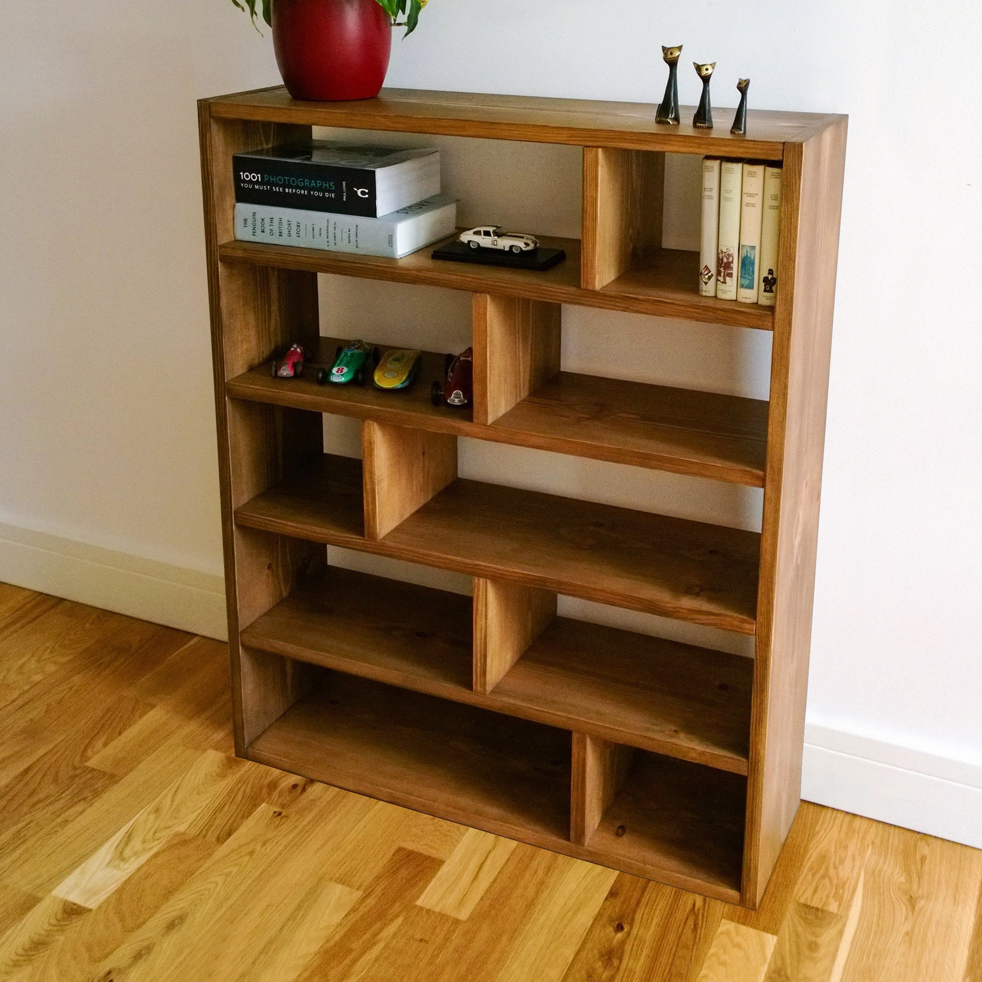 Solid Wood Bookcase: Staggered Shelf Low Display Shelving Unit