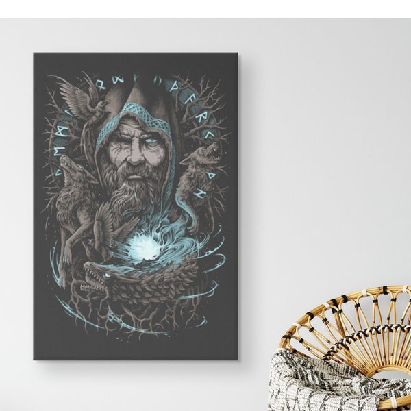 Viking Odin Norse Mythology Canvas Wall Art, Viking Pagan Valhalla Wall Art Decor, Nordic Scandinavian Paganism Gift