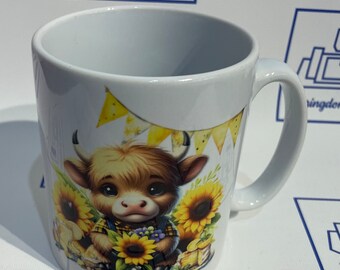 Highland Cow Mug, cute highland cow mug, highland cow and sunflowers mug, mug and coaster set, highland cow mug and coaster set, cow gift,
