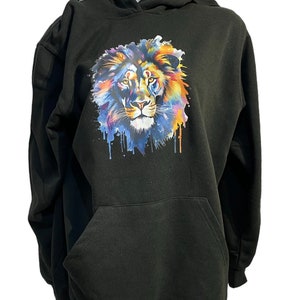 Large black hoodie with a printed colourful geometric lions head, unisex lion hoodie, colourful lion head hoodie, lion sweatshirt, lion jump