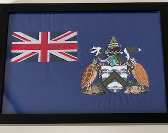 Ascension Island Embroidered flag framed picture, ascension island crest, commonwealth country flag, saints flag embroidered picture,