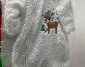 Personalised Christmas Baby grow with cute reindeer embroidered on, baby all in one,