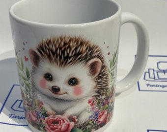 Hedgehog Mug, cute hedgehog mug, hedgehog and flowers mug, mug and coaster set, hedgehog mug and coaster set, hedgehog lover gift,
