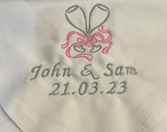 Embroidered white wedding napkins, 100% cotton white napkins, personalised wedding napkins, champagne flute napkins, customisable napkins,
