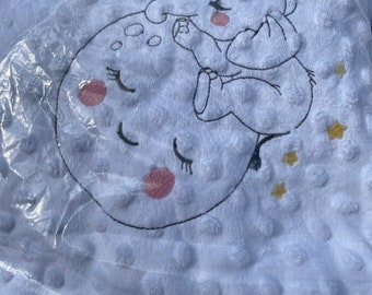 Embroidered Elephant on Moon Super Soft Baby, Cot, Pram Blanket, White, Pink or Blue. Personalised