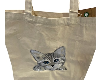 Cat Embroidered Tote Bag, Organic Embroidered Canvas bag, Calico bag, Fabric Tote Bag, Cat Shopping Bag, Book Bag, Kitten design tote bag,