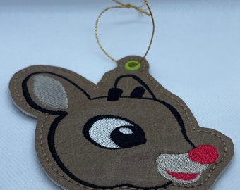 Male and female reindeer , handmade and embroidered, Christmas decorations, hang from tree etc, vinyl/leatherette, stocking filler