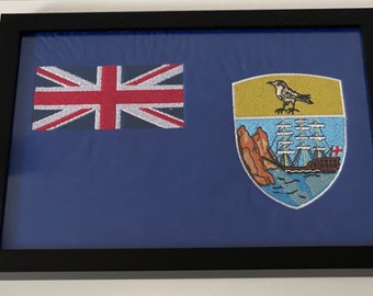 St Helena Embroidered flag framed picture, St Helena crest, commonwealth country flag, saints flag embroidered picture,