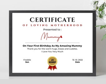 Primeiro Aniversário como Mamãe - Presente Personalizado para a Mamãe, Certificado de Maternidade, Presente para a Mamãe, Primeiro Aniversário da Mamãe, Presente para a Mamãe