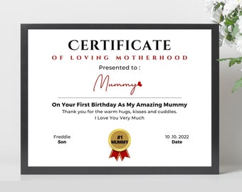 First Birthday As A Mummy Personalised Gift for Mummy 1st Birthday, Certificate of Motherhood Mummy Gift, Mummy 1st Birthday, Gift for Mummy