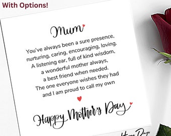 Mother's Day Card for Mum Poem Mothers Day Card for My Mum, Mothers Day Poem, Card for Mum Mom, Mother Day Card, From Daughter From Son, MUM