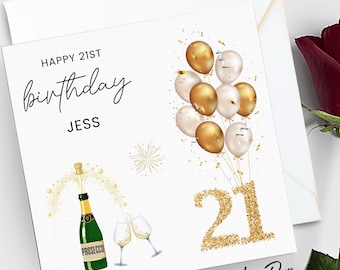 21st Birthday Card with Prosecco and Balloons, 21 Birthday Card, Happy 21st Birthday Card