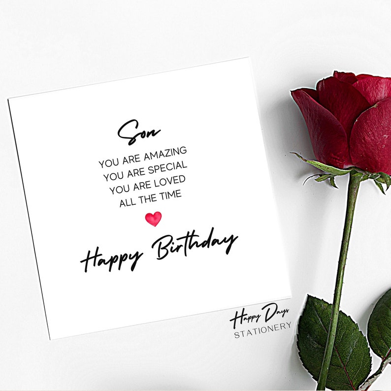 This is an image of a birthday greetings card for a son. It features a short verse, a red love heart and then Happy Birthday. The text is printed in black ink on a premium lightly textured 300gsm cardstock. It is a bestseller with over 2000 sales.