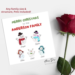 Cartão de Natal da família Cartão de Natal personalizado do boneco de neve para a família, cartão de Natal dos nomes da família, cartão de Natal para a família, cartão de Natal