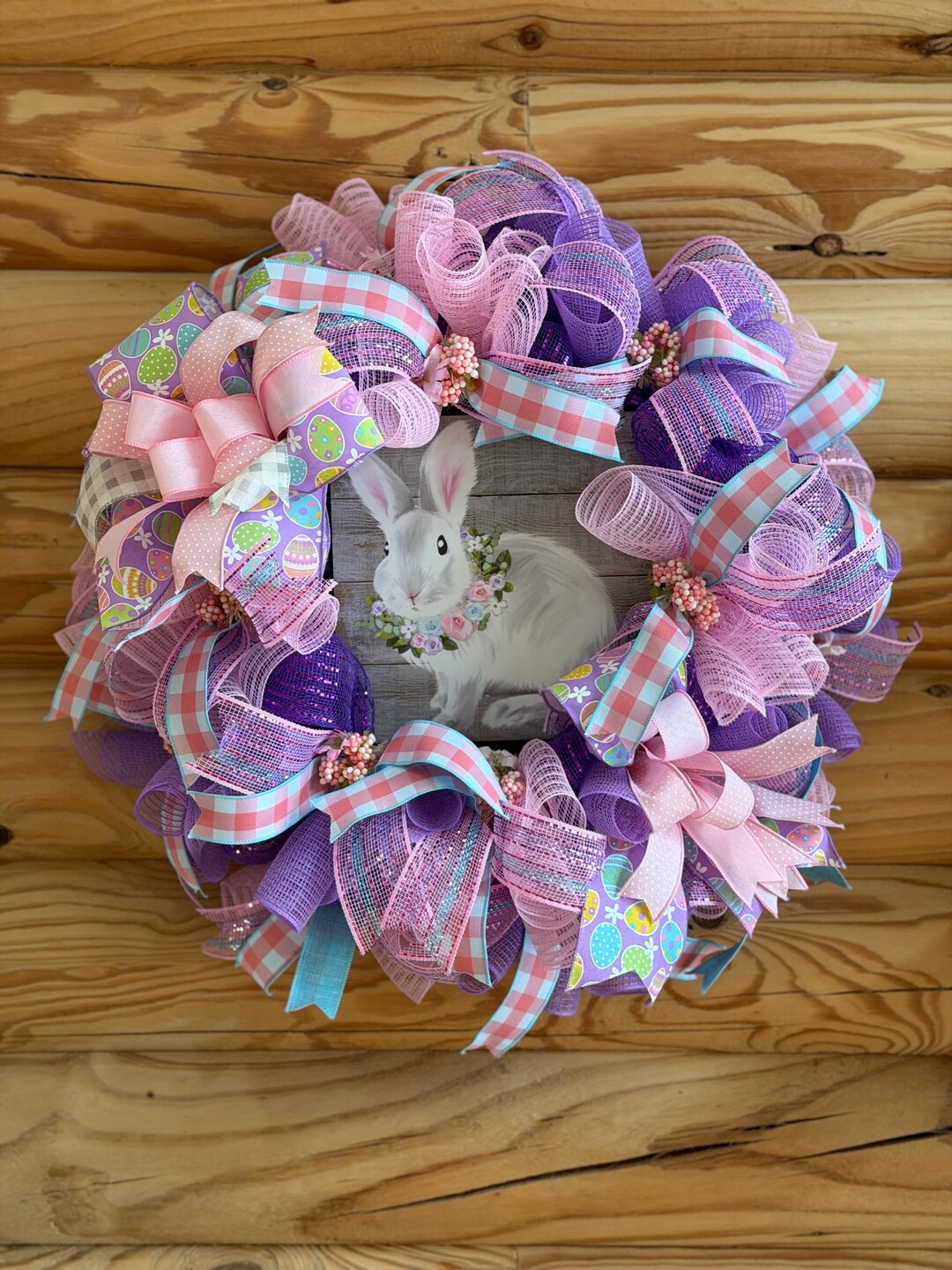 Easter Bunny Wreath, Pastel Spring Door Wreath, Pink Purple Mesh Wreath ...