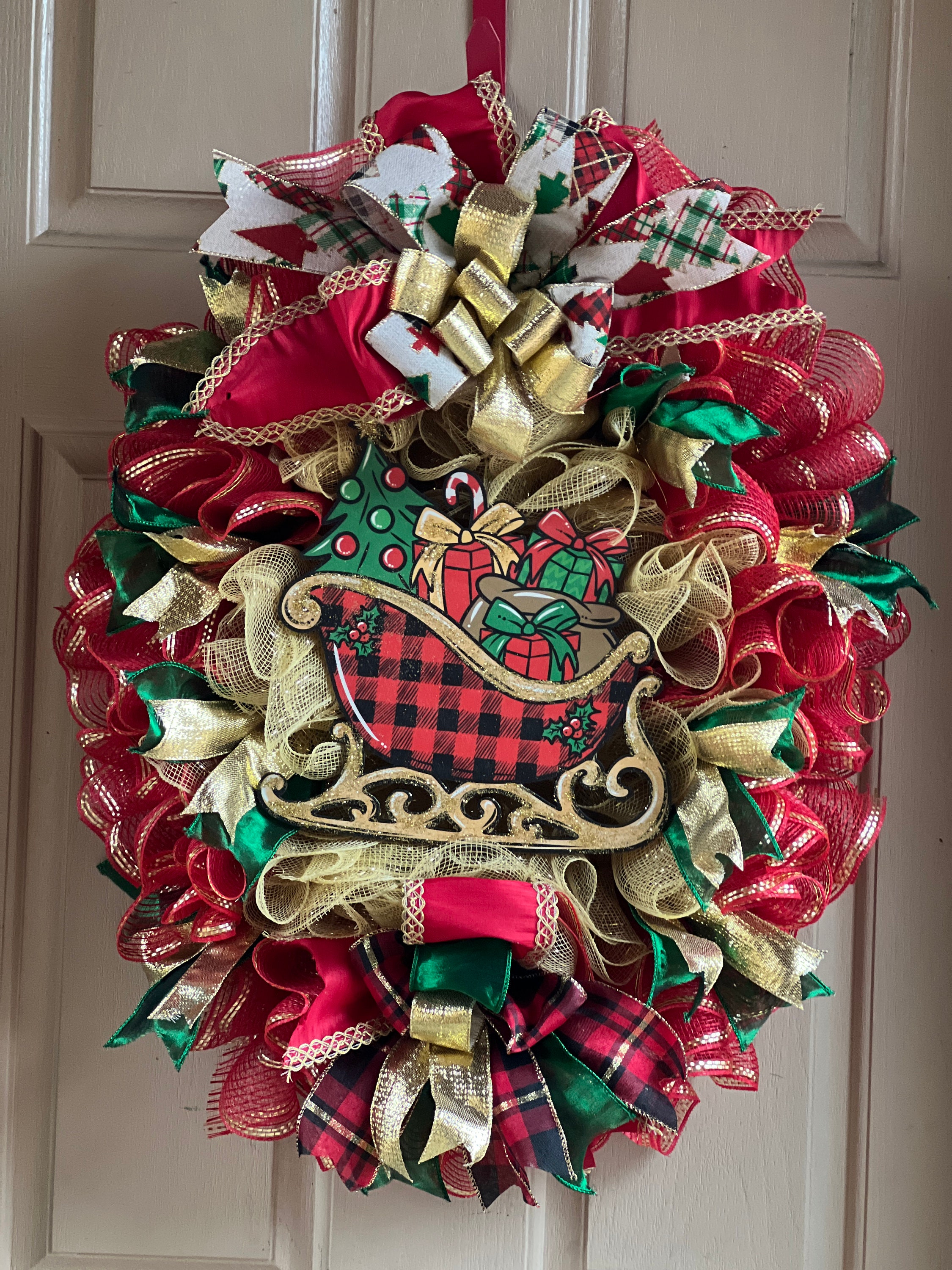 Christmas Wreath, Large Front Door Holiday Wreath, Christmas Sleigh, Door Decor, Christmas Wall