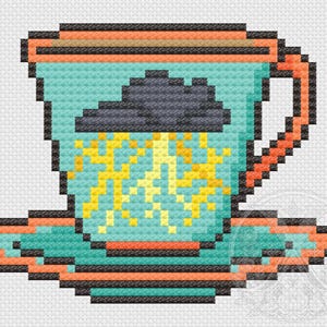 Könnte beinhalten: Ein Kreuzstich-Design einer Tasse und Untertasse. Die Tasse und Untertasse sind türkis mit orangefarbenen und schwarzen Verzierungen. Die Tasse zeigt eine dunkelgraue Wolke mit gelben Blitzen.