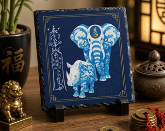 May include: Square slate coaster with a blue background featuring an elephant and a rhinoceros with wave patterns. The coaster has gold trim and Chinese characters. It is displayed on a black stand.