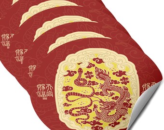 May include: Six red and gold round stickers with a dragon and snake design. The stickers feature Chinese characters and a repeating pattern of clouds and flowers.