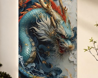 May include: A vertical wall art print featuring a detailed dragon with iridescent blue scales, gold horns, and flowing white mane. The creature is surrounded by swirling dark blue and white clouds, with accents of bright red along its back.