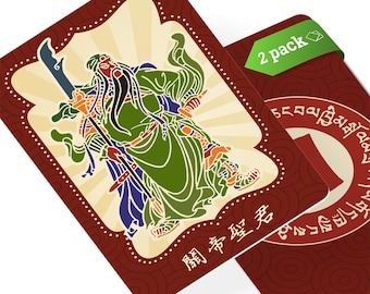 May include: Two red playing cards with a colorful illustration of a warrior holding a spear. The card on top has the text "2 pack" in a green box. The card on the bottom has the text "關聖帝君" in black.