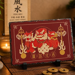 3 Celestial Guardians Feng Shui Slate Plaque, Chi Lin Pi Yao Fu Dog Protection Symbol, Ksiddigarbha Implements Desk Decor