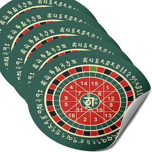 May include: Five green and red circular game boards with numbers 1 through 16 and a symbol in the center. The boards are stacked on top of each other.