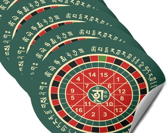 May include: Five green and red circular game boards with numbers 1 through 16 and a symbol in the center. The boards are stacked on top of each other.